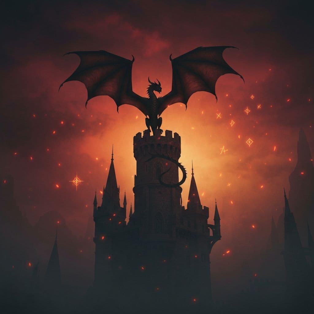 A dragon silhouette against a fiery sky